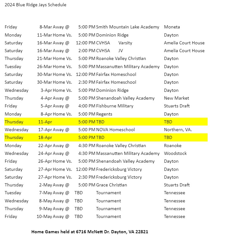 2024 Schedule Blue Ridge Jays Baseball Club